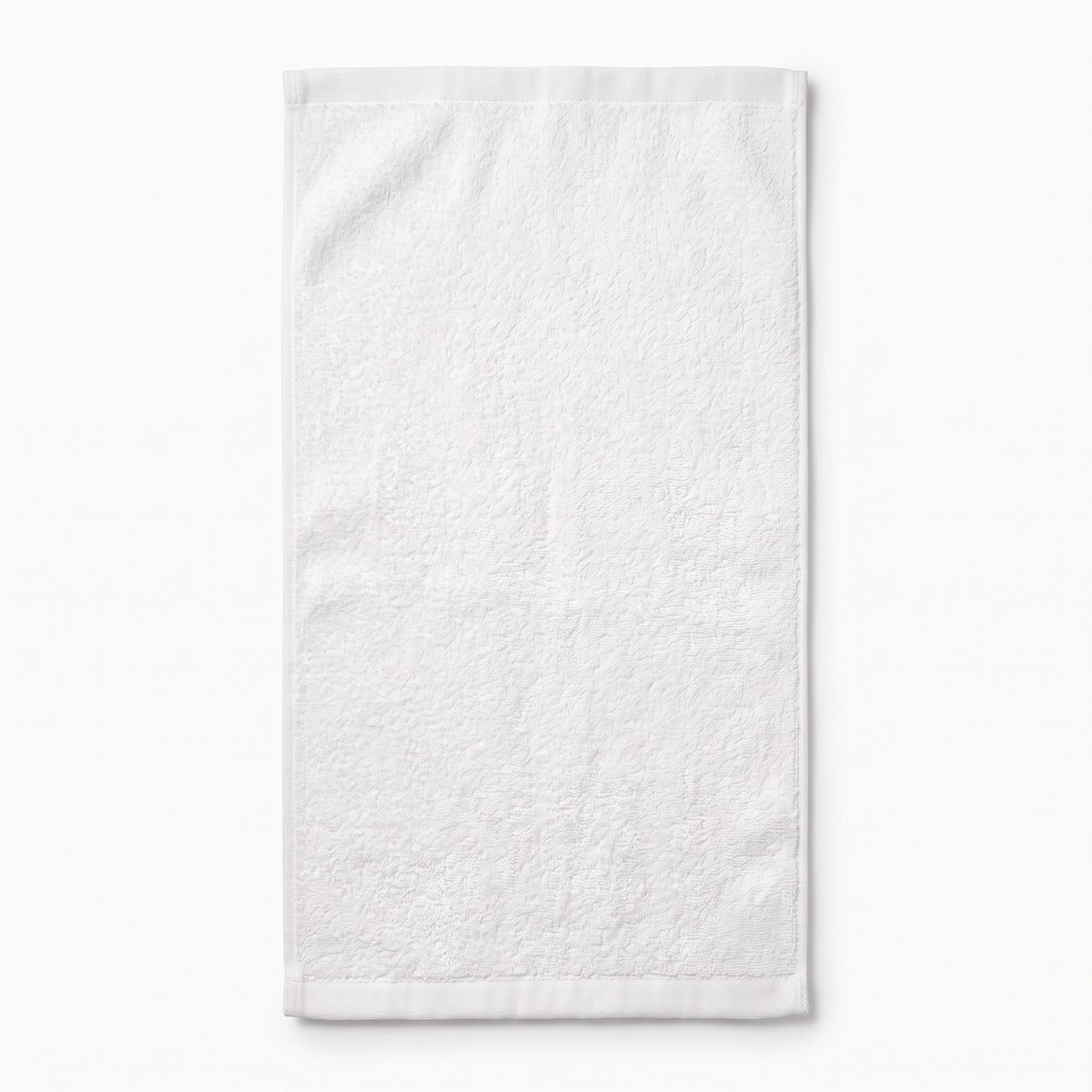 A white textured cotton towel with stitched borders, shown flat against a clean white background.