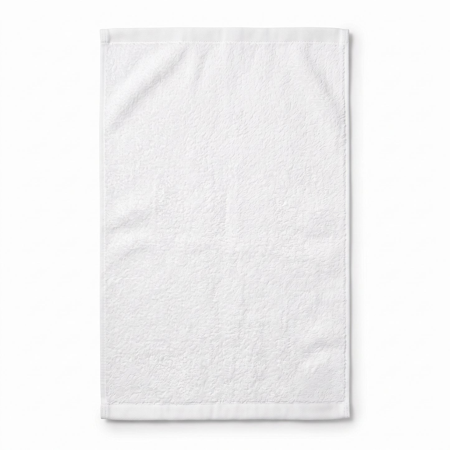 A white textured cotton towel with a folded top and bottom hem, shown flat against a clean white background.