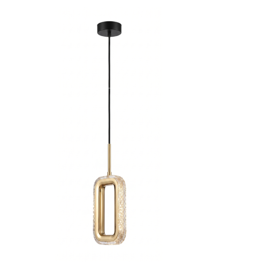 A modern pendant light fixture with a textured, hammered gold-toned oval frame and a black suspension rod and canopy, shown against a plain white background.