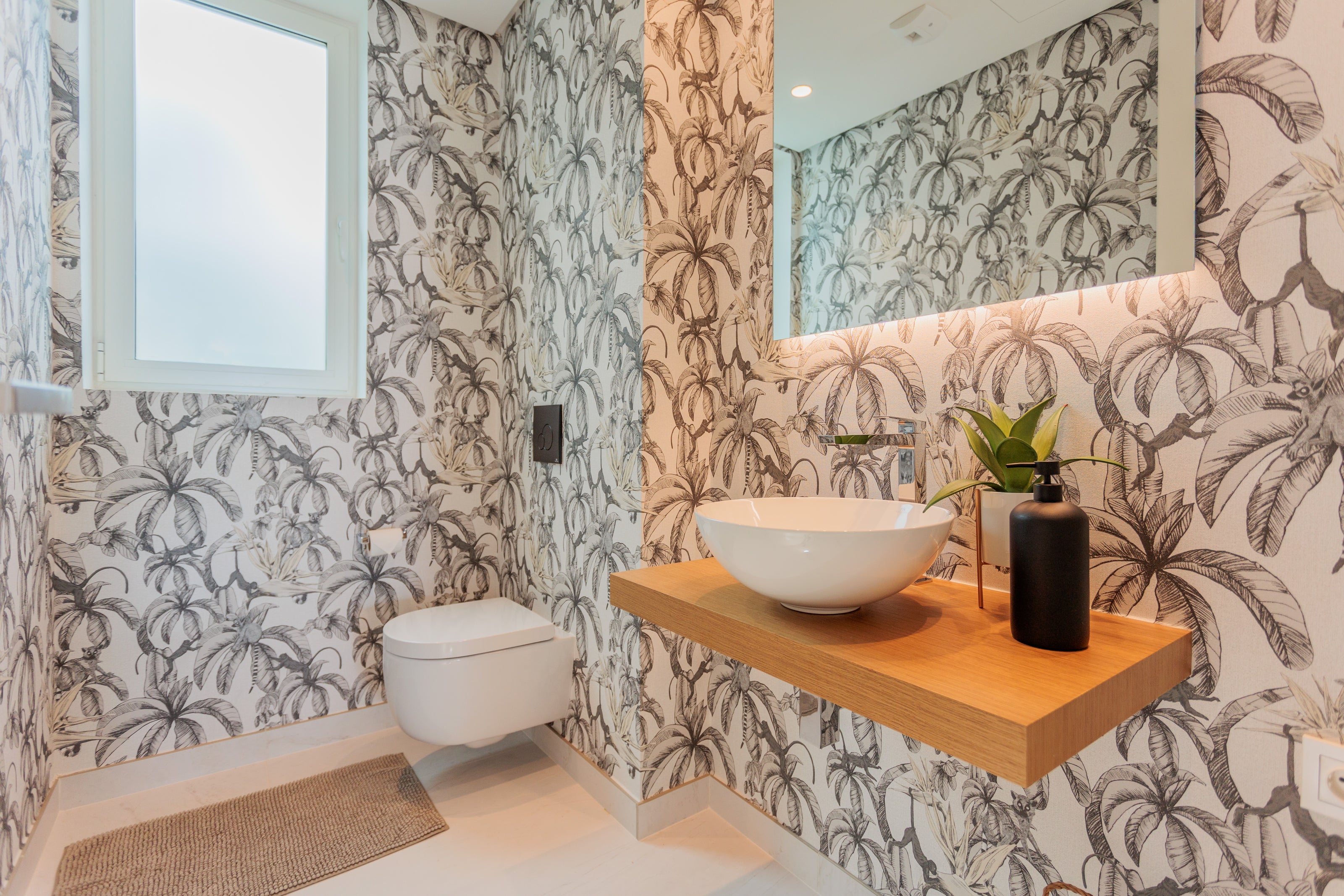 luxury bathroom interior design with custom made wallpaper available in marbella, malaga, costa del sol, bel air.