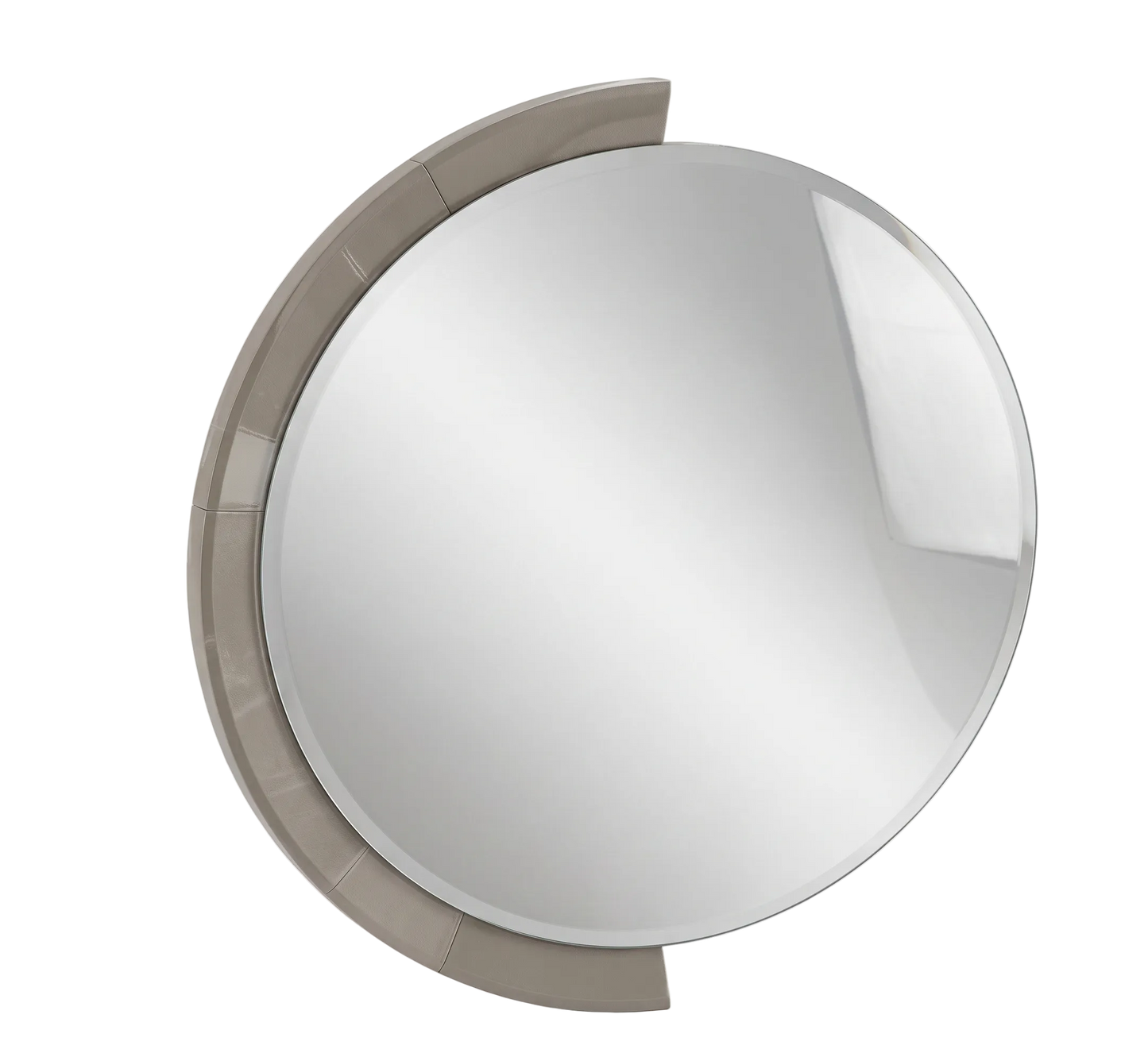 A round convex security mirror with a light gray frame, shown at an angle on a white background.