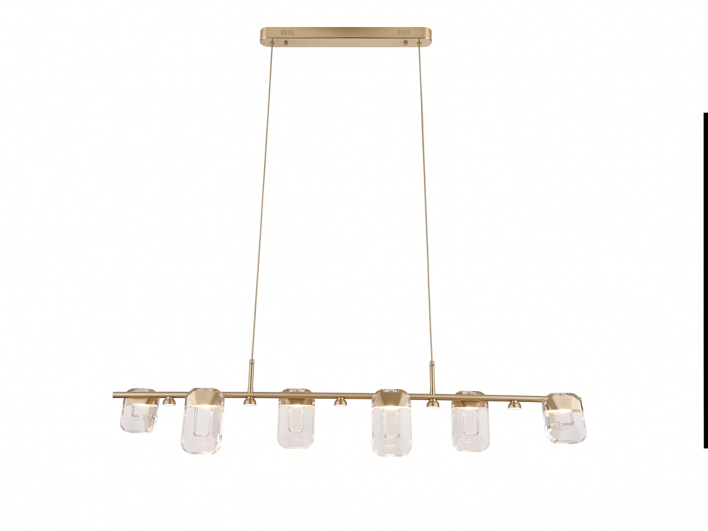 A modern linear chandelier with a brushed gold metal frame and six clear glass shades, suspended by thin cords from a square ceiling canopy.