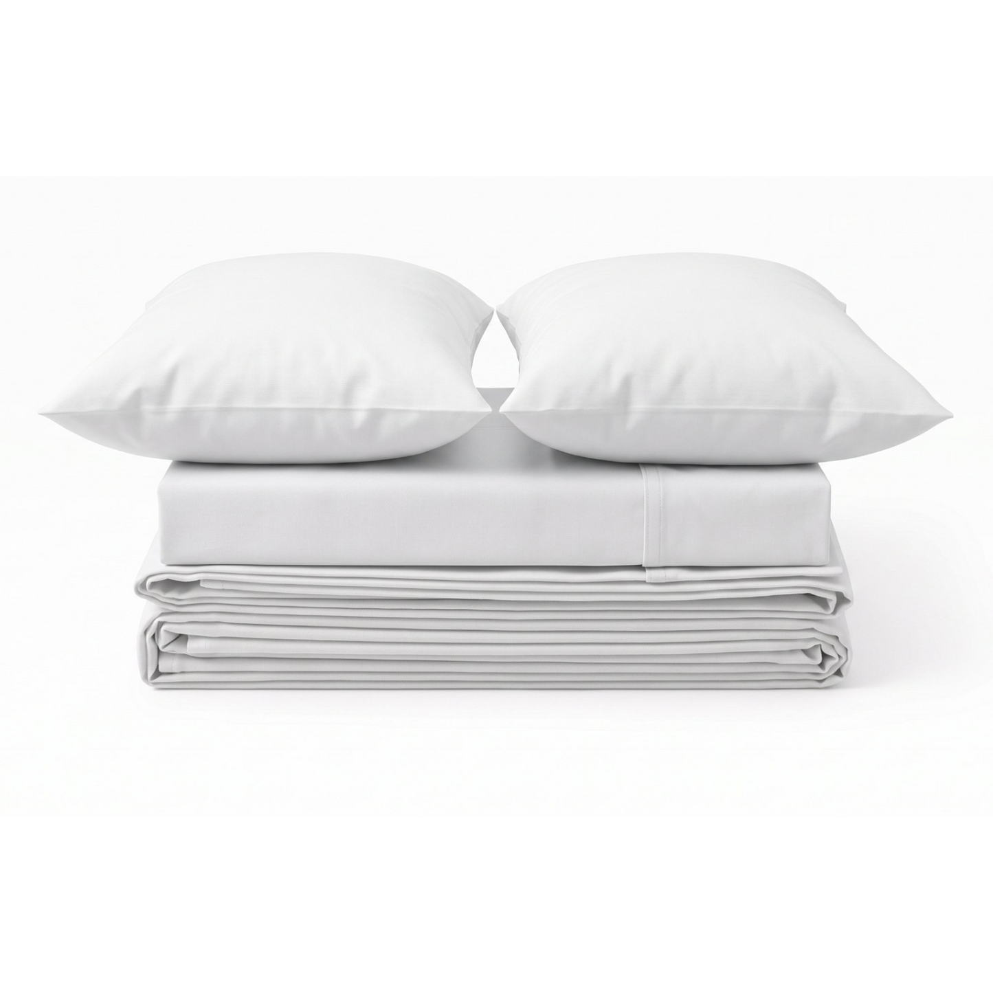 A neatly stacked bedding set on a white background, featuring two white pillows resting on top of a folded white sheet or duvet.