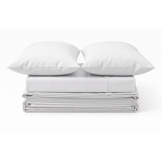 A neatly stacked bedding set on a white background, featuring two white pillows resting on top of a folded white sheet or duvet.