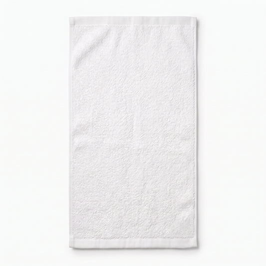 A white textured cotton towel with stitched borders, shown flat against a clean white background.