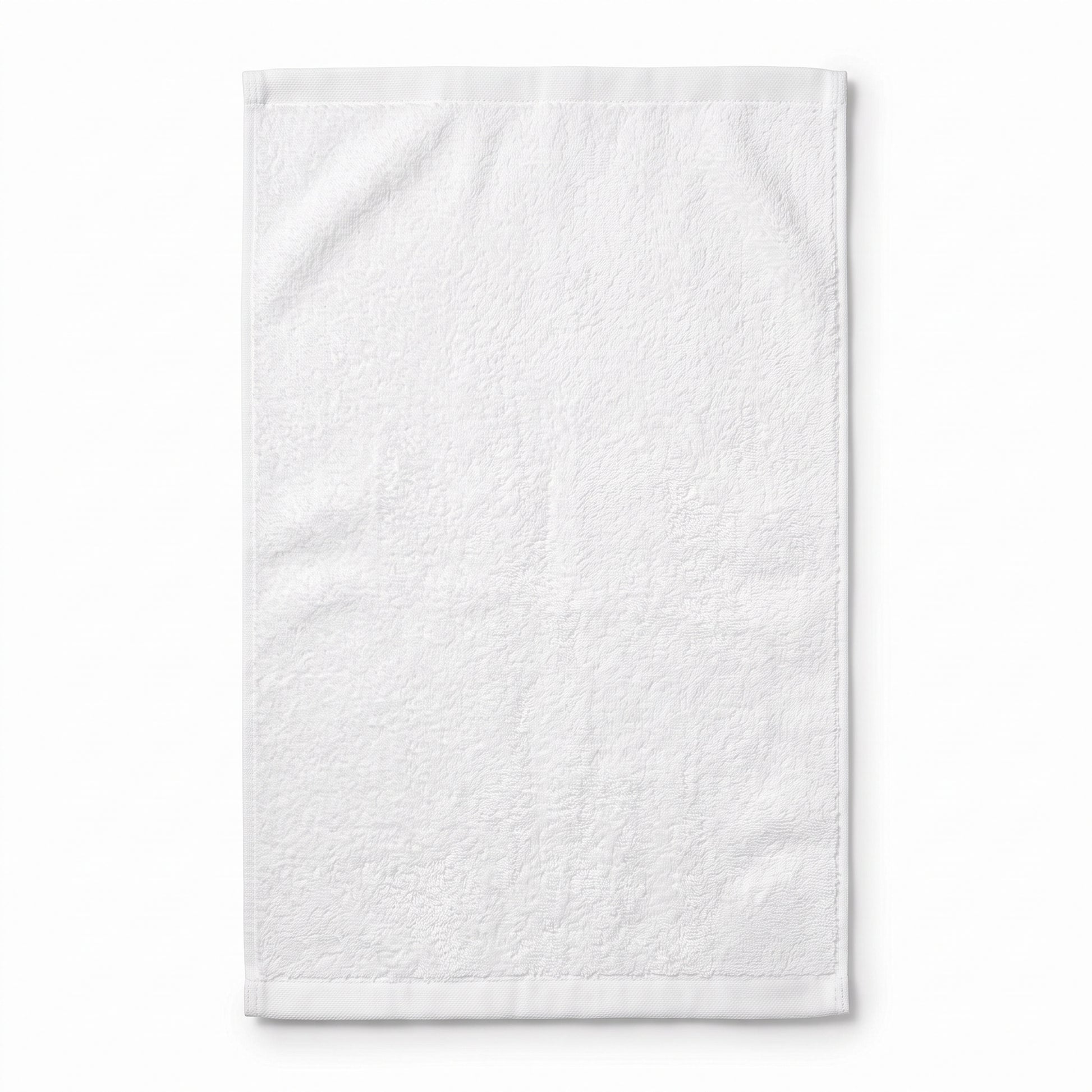 A white textured cotton towel with a folded top and bottom hem, shown flat against a clean white background.