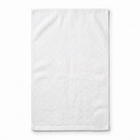 A white textured cotton towel with a folded top and bottom hem, shown flat against a clean white background.