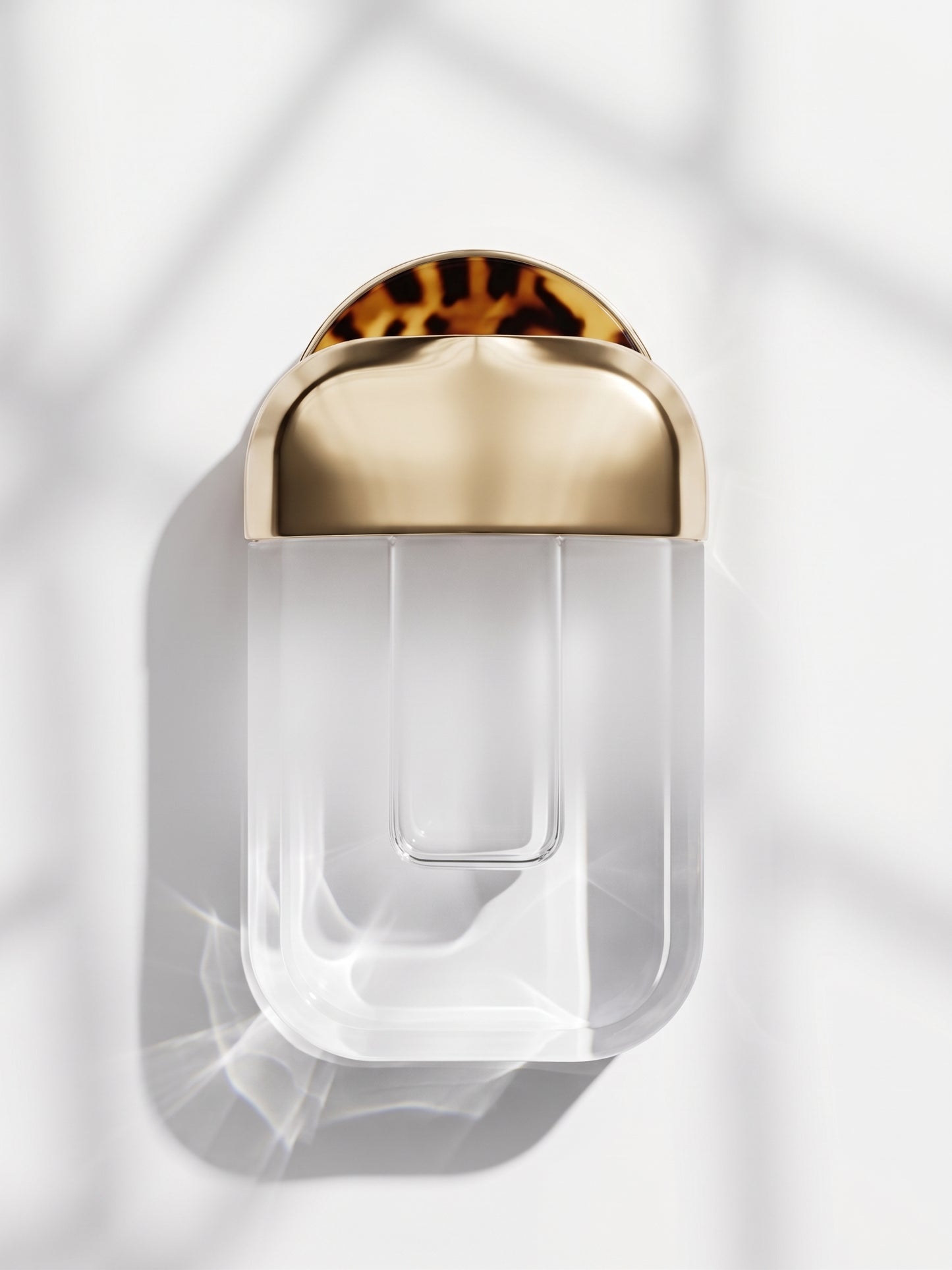 A modern wall-mounted light fixture with a clear acrylic shade, a brushed gold metal collar, and a tortoiseshell-patterned top cap, set against a white wall with soft window shadow patterns.