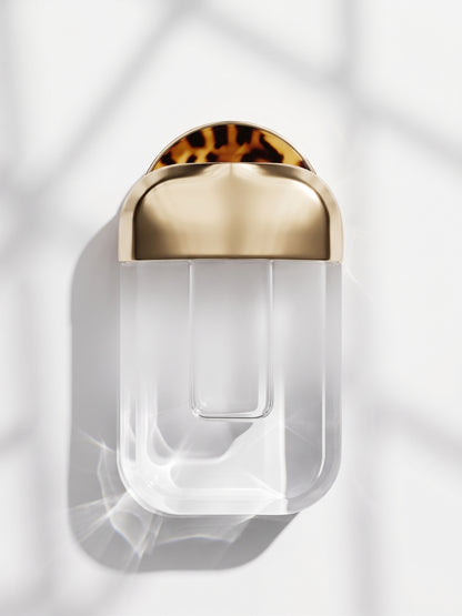 A modern wall-mounted light fixture with a clear acrylic shade, a brushed gold metal collar, and a tortoiseshell-patterned top cap, set against a white wall with soft window shadow patterns.