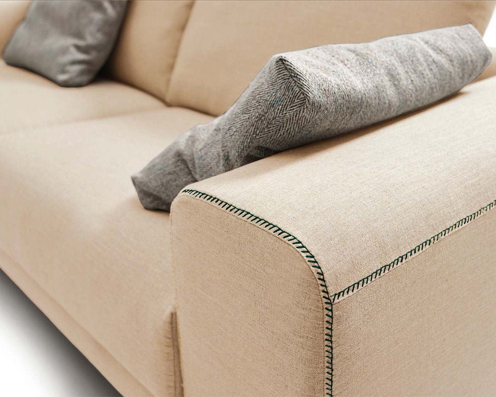 minimalist contemporary 3 seater sofa with wooden legs and thick arm wrest available in nueva andalucia, marbella, mijas, san pedro de alcantara.
