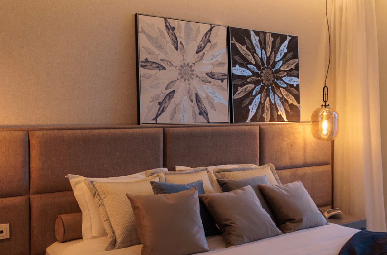 modern luxruy interior design for bedroom with elegant headboard, ceiling lamp, artwork paintings availble in bel air, malaga, marbella, estepona, costa del sol.