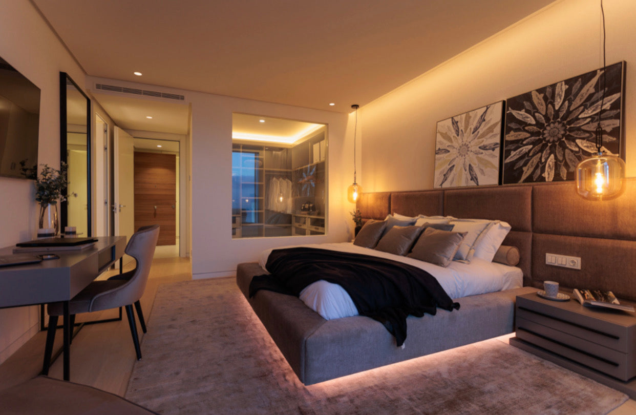interior design modern, luxury home design for bedroom with elegant headboard, floating bed with led lights, bedside table, ceiling lamp available in marbella, malaga, costa del sol, benahavis.