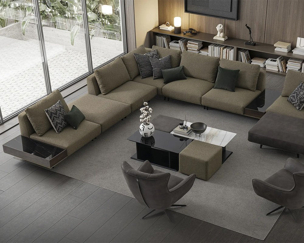 separable sofa with black legs, green fabric, modern and minimalist style furniture, avilable in marbella, estepona, torremolinos, bel air.