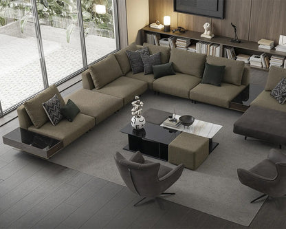 separable sofa with black legs, green fabric, modern and minimalist style furniture, avilable in marbella, estepona, torremolinos, bel air.