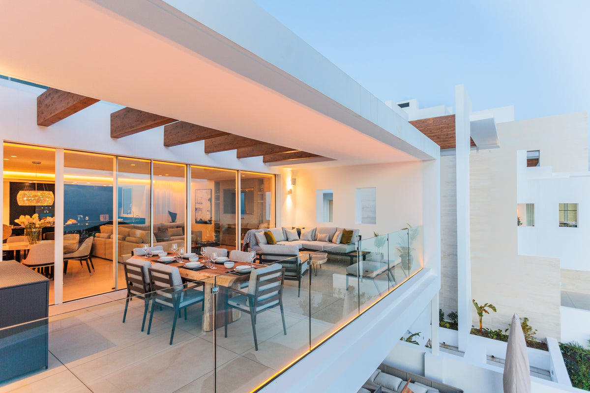 interior design for outdoor dining and living areas with outdoor sofa, outdoor dining table, outdoor dining chairs available in casares, bel air, marbella, malaga, costa del sol.