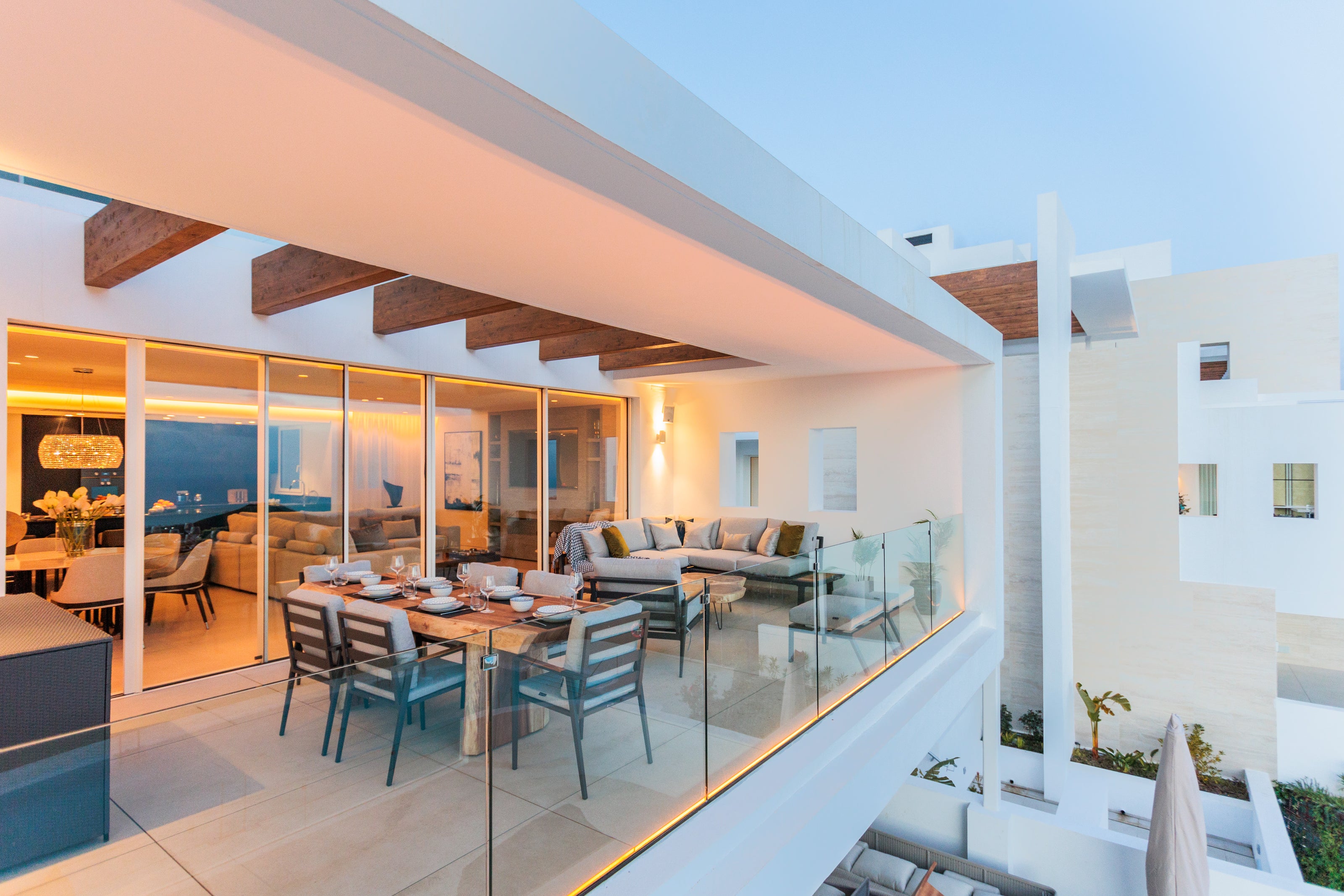 interior design for outdoor dining and living areas with outdoor sofa, outdoor dining table, outdoor dining chairs available in casares, bel air, marbella, malaga, costa del sol.