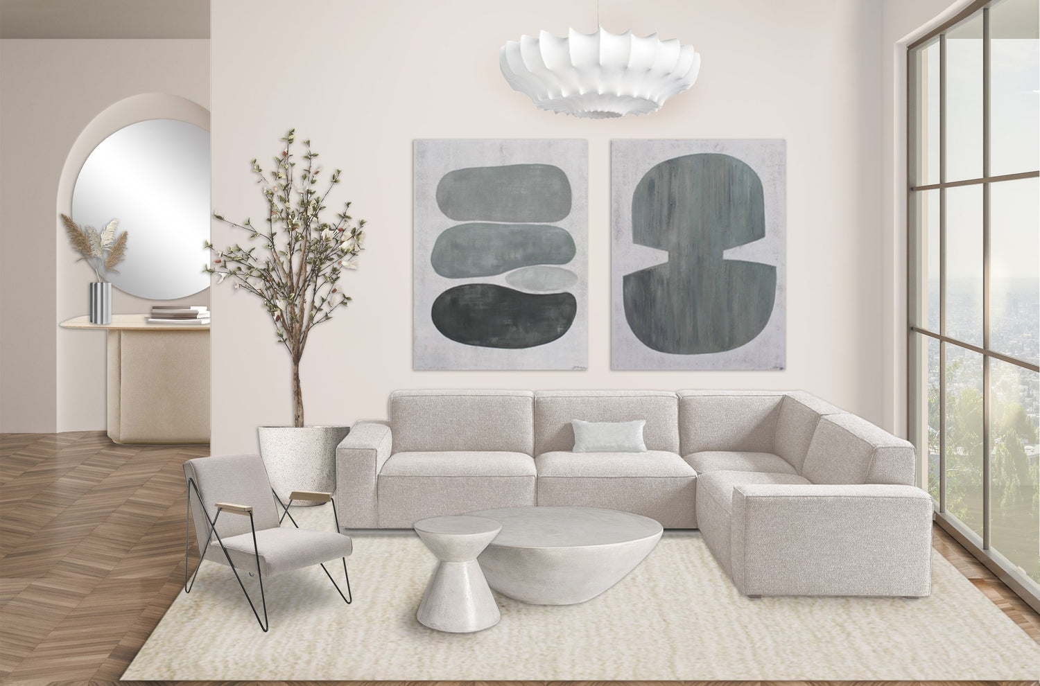 scandinavian interior design package with sofa, marble coffee table, beige rug, mirror, console, ceiling lamp and armchair available in bel air, malaga, marbella, costa del sol, alcazaba.