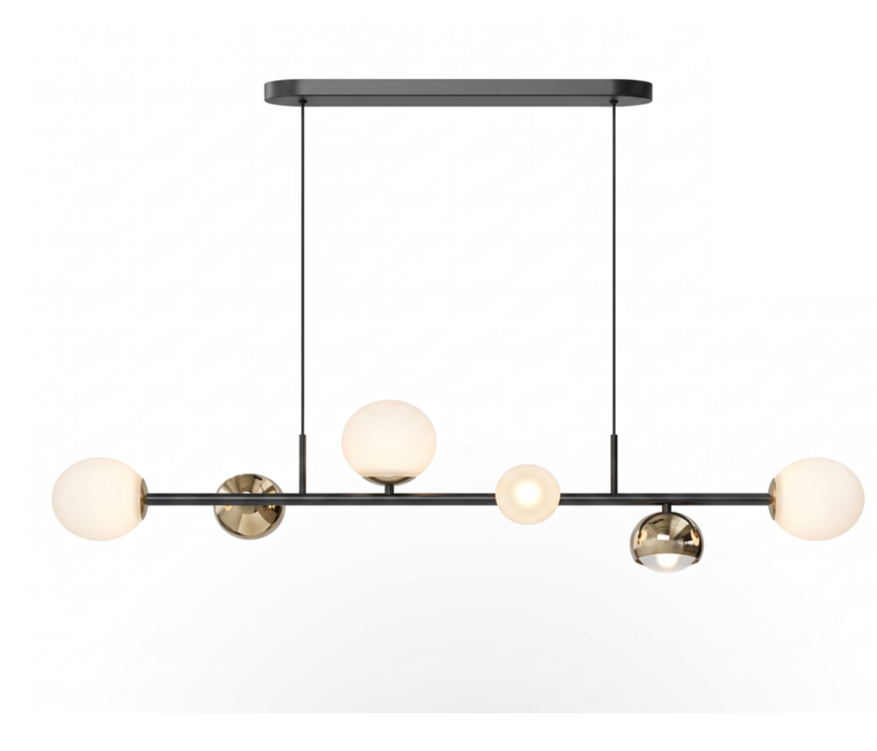 Modern linear chandelier with multiple spherical glass shades in frosted white and clear glass, suspended from a black ceiling canopy against a white background.