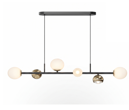 Modern linear chandelier with multiple spherical glass shades in frosted white and clear glass, suspended from a black ceiling canopy against a white background.