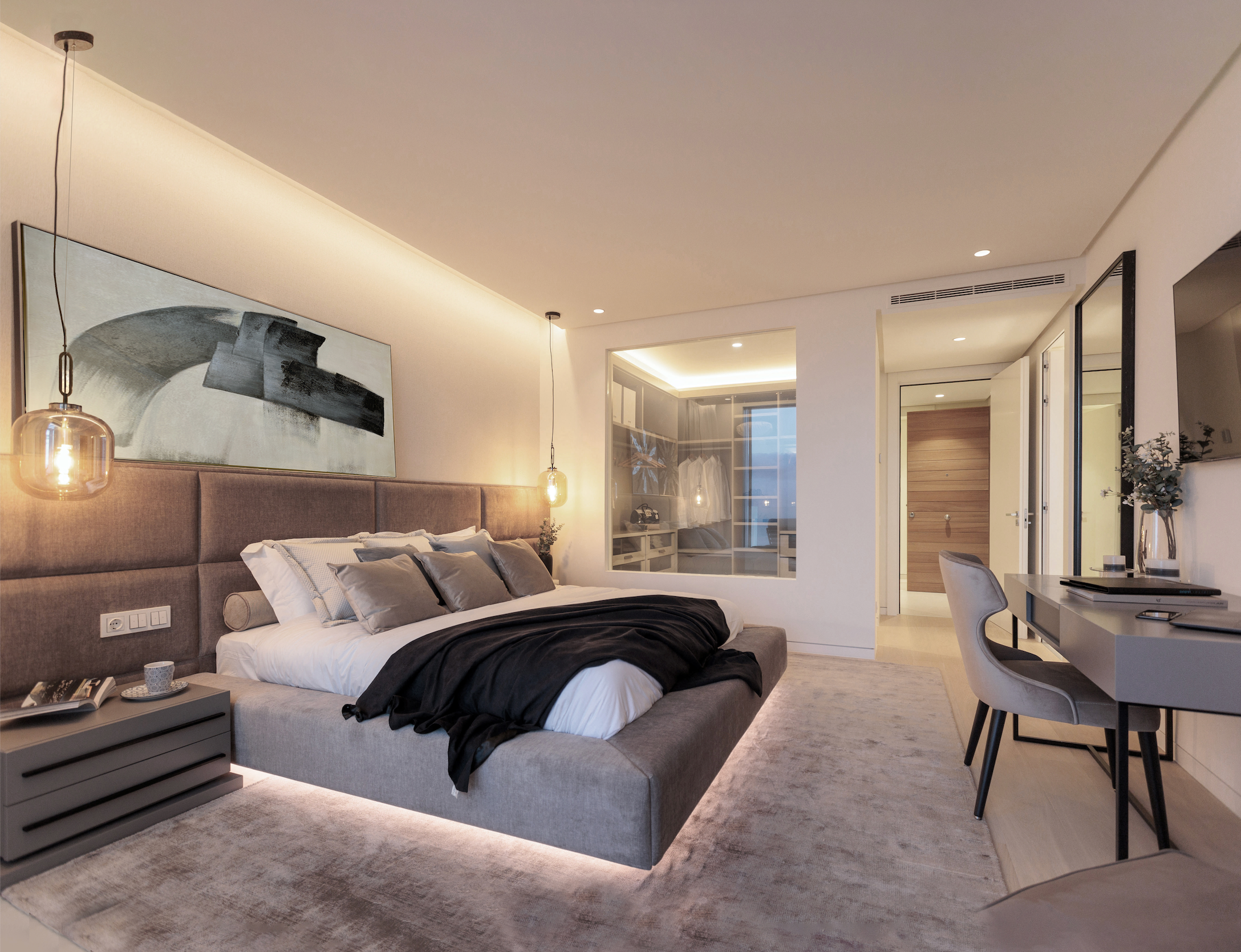 interior design services, bedroom with floating bed, desk, rugs, bedside table, led lights available in malaga, marbella, costa del sol.