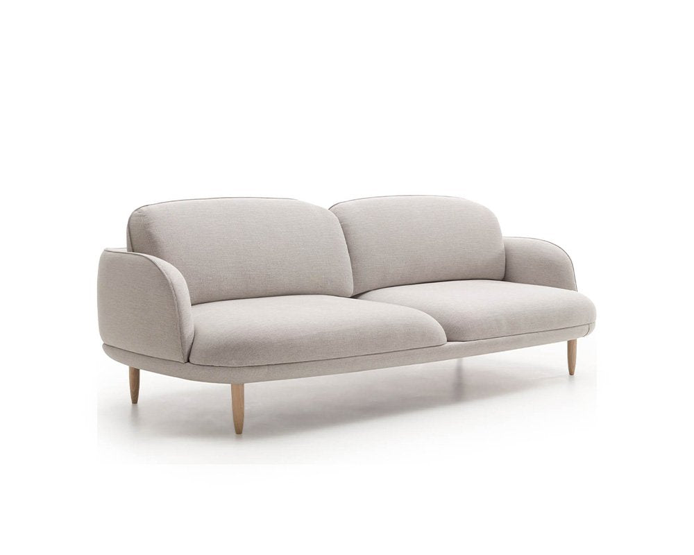 comfortable modern 3 seater sofa with soft edges and wooden legs available in marbella, malaga, estepona, costa del sol.