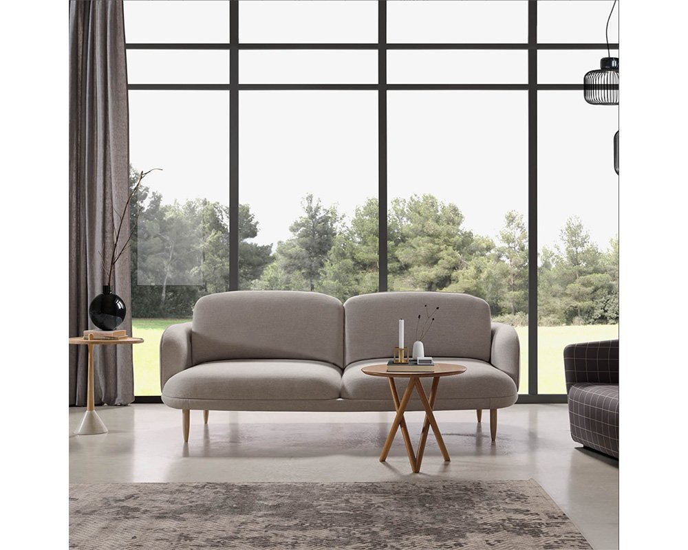 comfortable modern 3 seater sofa with soft edges and wooden legs available in marbella, malaga, estepona, costa del sol.