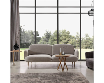 comfortable modern 3 seater sofa with soft edges and wooden legs available in marbella, malaga, estepona, costa del sol.