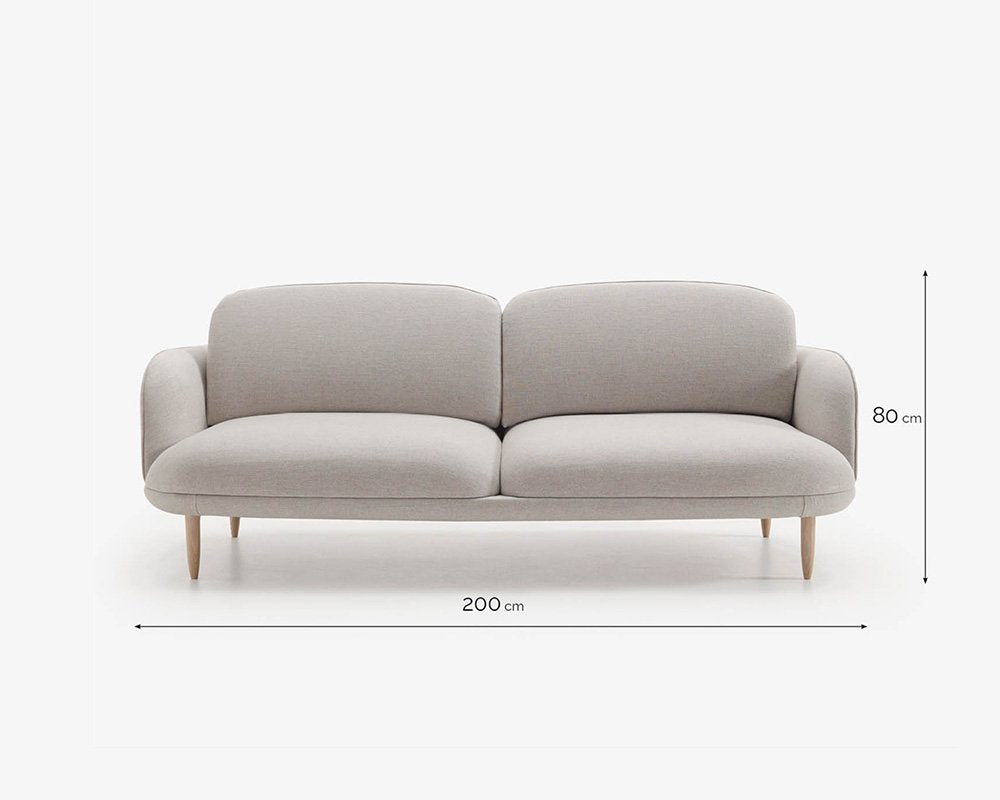comfortable modern 3 seater sofa with soft edges and wooden legs available in marbella, malaga, estepona, costa del sol.