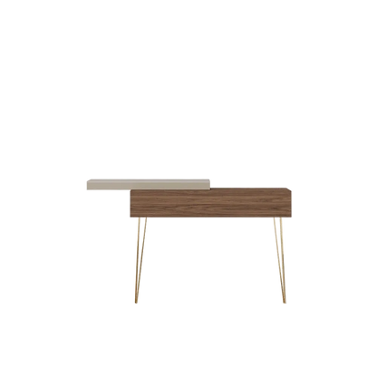 A modern console table featuring a dark brown wood-grain front, a light beige floating shelf, and slim gold metal hairpin legs, shown against a solid light gray background.