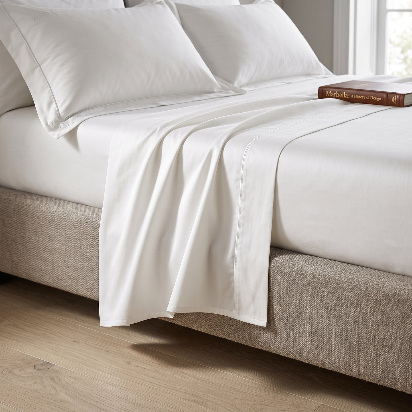 White bedding set with a sheet and pillowcases on a bed with a beige upholstered base, styled in a bright bedroom setting.