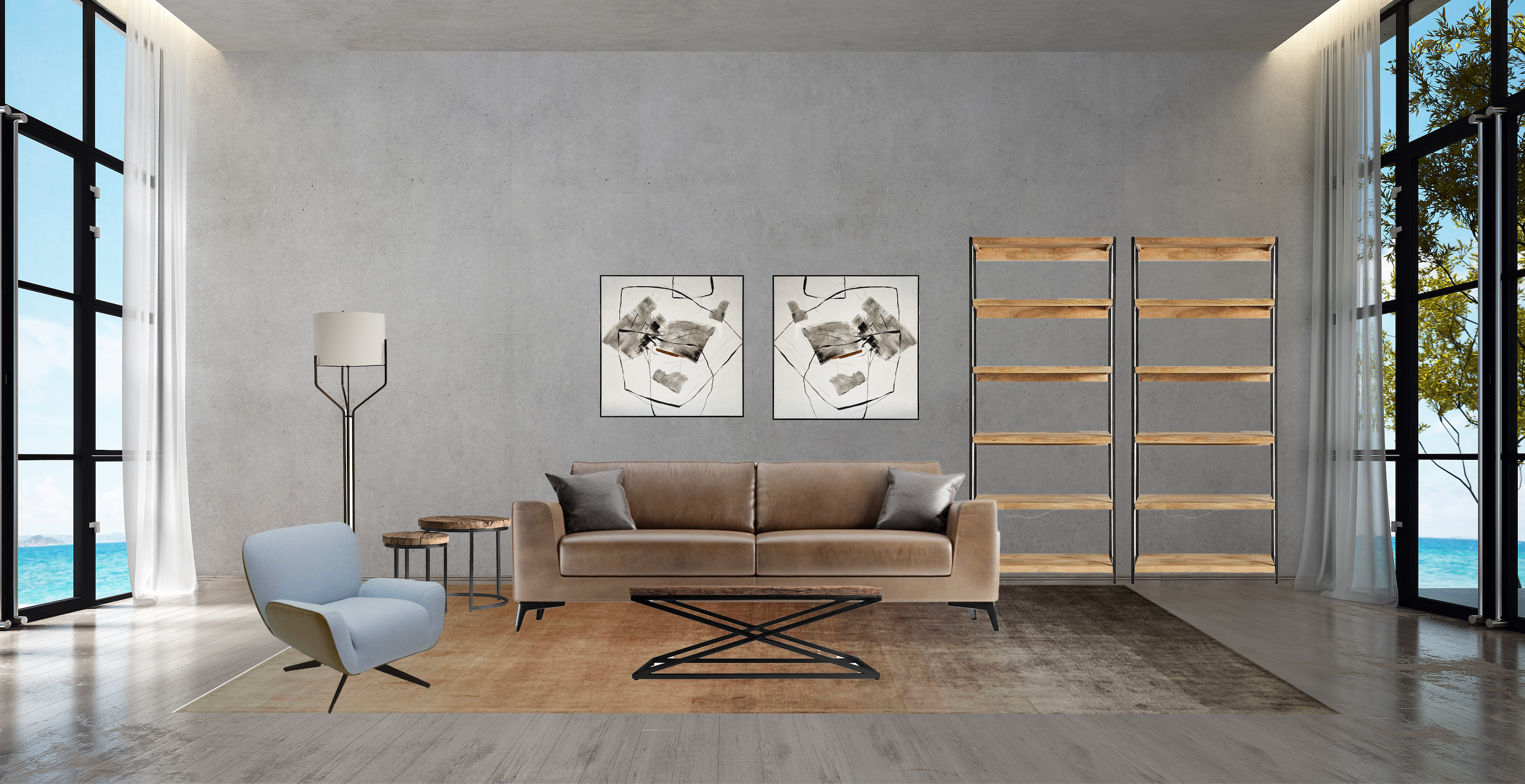 industrial interior design package with living room, dining room, bedroom furnitures available in marbella, malaga, estepona, duquesa, torremolinos.