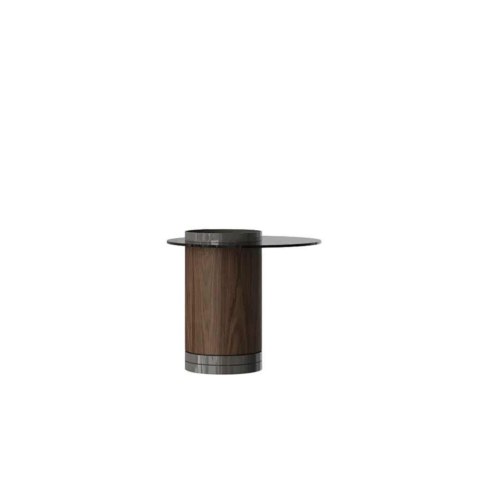 A modern cylindrical side table featuring a dark brown wood grain column base, a circular black glass tabletop, and a brushed silver metal base ring, shown on a light gray background.